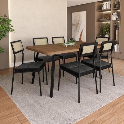 Conjunto Sala de Jantar Oud 6 Lugares Tampo MDP com Cadeiras em Aço Preto 160CM Móveis Carraro