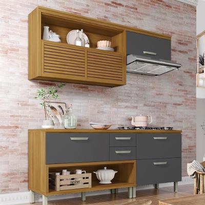Cozinha Compacta Princesa 4 Portas 3 Gavetas MDF 200CM Amadeirado e Grafite Nesher Móveis