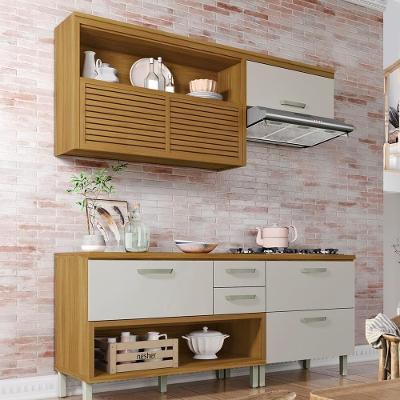 Cozinha Compacta Princesa 4 Portas 3 Gavetas MDF 200CM Amadeirado com Off White Nesher