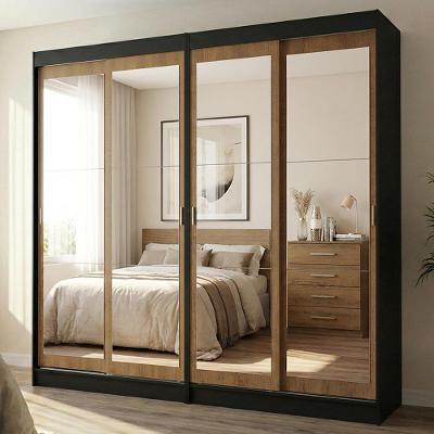 Guarda Roupa Casal Tokio 4 Portas de Correr 4 Gavetas MDP Preto-Rustic Madesa