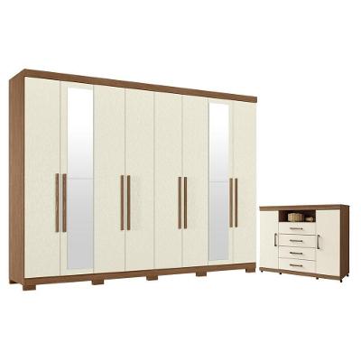 Guarda Roupa Casal Master New 8 Portas de Bater 4 Gavetas MDP Cômoda Havana com Rodízio Jatobá Areia