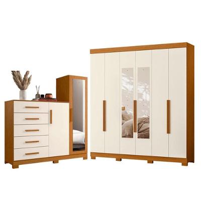 Guarda Roupa Casal Vinci 6 Portas de Bater com Espelho e Cômoda 5 Gavetas Cinamomo Off White