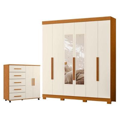 Guarda Roupa Casal Vinci 6 Portas de Bater com Espelho e Cômoda Toronto 3 Gavetas Cinamomo Off White