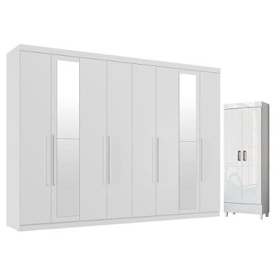 Guarda Roupa Casal Master New 8 Portas 4 Gavetas com Espelho e Armário Multiuso Branco Brilho Santos