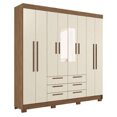 Guarda Roupa Casal Paranavai 8 Portas de Bater 6 Gavetas MDF-MDP com Espelho Jatobá Areia Acetinado
