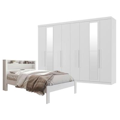 Guarda Roupa Casal Master New 8 Portas de Bater 4 Gavetas MDP com Espelho e Cama Invicta Branco