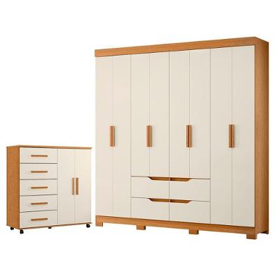 Guarda Roupa Casal Doble 8 Portas de Bater 4 Gavetas MDP Cinamomo Off White com Cômoda Toronto