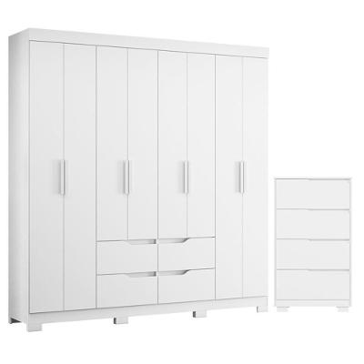 Guarda Roupa Casal Doble 8 Portas de Bater 4 Gavetas MDP Branco Freijo com Cômoda Albatroz Móveis