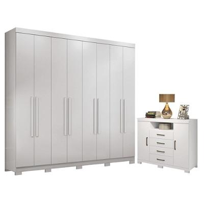 Guarda Roupa Casal Master New 8 Portas 4 Gavetas MDP Branco Brilho com Cômoda Santos Andirá