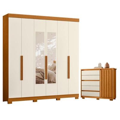 Guarda Roupa Casal Vinci 6 Portas de Bater com Espelho 3 Gavetas MDP Cinamomo Off White Cômoda