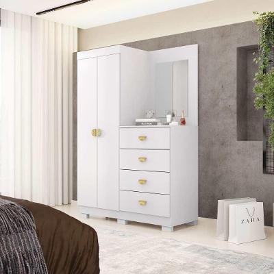 Guarda Roupa Casal Cristal 2 Portas de Bater 4 Gavetas MDP com Espelho Branco Vila Rica 120CM