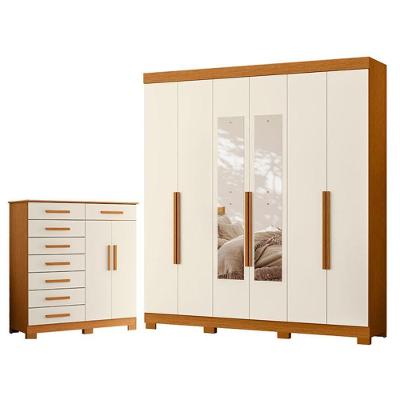 Guarda Roupa Casal com Cômoda Vinci 6 Portas de Bater com Espelho 8 Gavetas MDP Cinamomo Off White