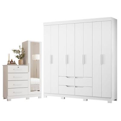 Guarda Roupa Casal Doble 8 Portas de Bater e Cômoda 4 Gavetas MDP Branco Fosco Liso Albatroz Móveis