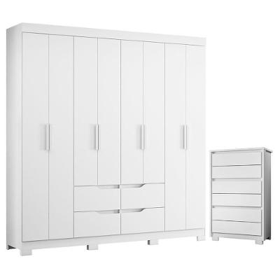 Guarda Roupa Casal Doble 8 Portas de Bater com Cômoda 6 Gavetas MDP Branco Albatroz Móveis