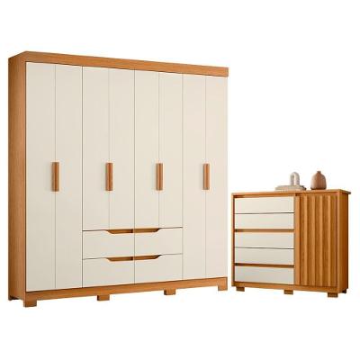 Guarda Roupa Casal Doble 8 Portas de Bater 5 Gavetas MDP Cômoda Sapateira Cinamomo Off White