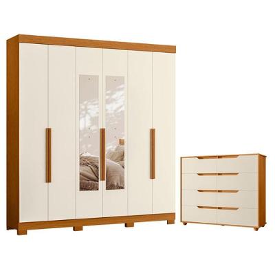 Guarda Roupa Casal com Cômoda Vinci 6 Portas de Bater com Espelho 8 Gavetas MDP Cinamomo Off White