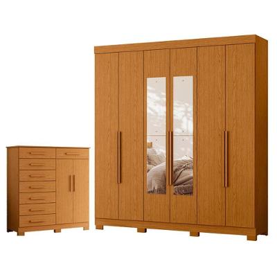 Guarda Roupa Casal com Cômoda Vinci 6 Portas de Bater com Espelho 8 Gavetas MDP Cinamomo Albatroz