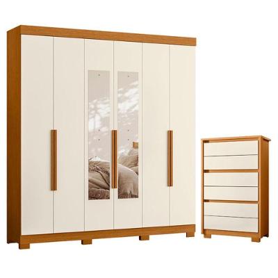 Guarda Roupa Casal com Cômoda Vinci 6 Portas de Bater com Espelho 6 Gavetas MDP Cinamomo Off White