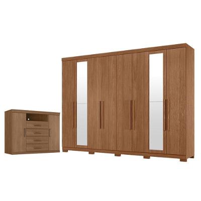 Guarda Roupa Casal Master New 8 Portas de Bater 4 Gavetas MDP com Espelho e Cômoda Havana Jatobá