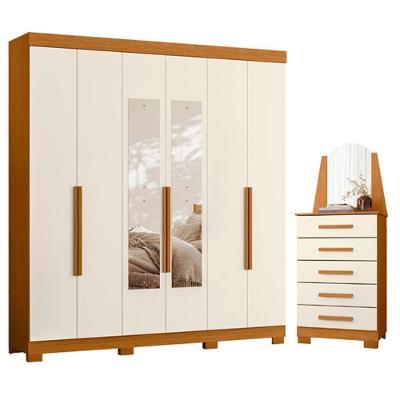 Guarda Roupa Casal com Cômoda Vinci 6 Portas de Bater com Espelho 5 Gavetas MDP Cinamomo Off White