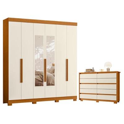 Guarda Roupa Casal com Cômoda Vinci 6 Portas de Bater com Espelho 10 Gavetas MDP Cinamomo Off White