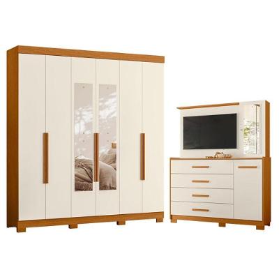 Guarda Roupa Casal com Cômoda Vinci 6 Portas de Bater com Espelho MDP Cinamomo Off White Albatroz