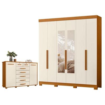 Guarda Roupa Casal com Cômoda Vinci 6 Portas de Bater com Espelho 7 Gavetas MDP Cinamomo Off White