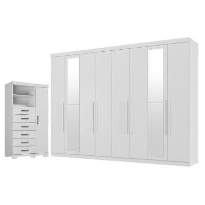 Guarda Roupa Casal Master New 8 Portas de Bater 4 Gavetas com Espelho e Cômoda Marabá Branco Brilho