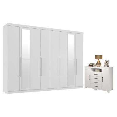 Guarda Roupa Casal com Cômoda Master New 8 Portas 4 Gavetas MDP com Espelho Branco Brilho Santos