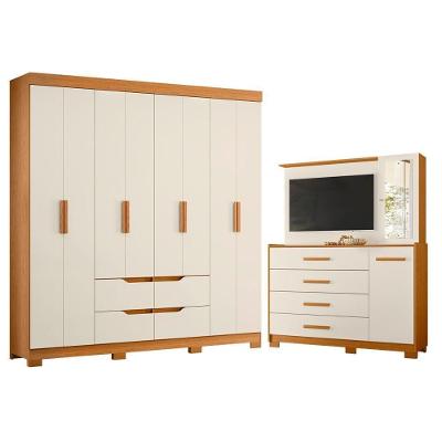 Guarda Roupa Casal e Cômoda Doble 8 Portas de Bater 4 Gavetas MDP Cinamomo Off White