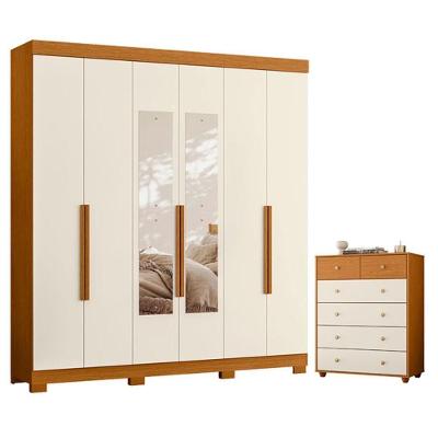 Guarda Roupa Casal com Cômoda Vinci 6 Portas de Bater com Espelho 6 Gavetas MDP Cinamomo Off White