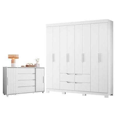 Guarda Roupa Casal com Cômoda Doble 8 Portas Correr 4 Gavetas MDP Branco Freijo Flex Albatroz Móveis