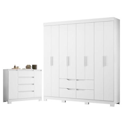Guarda Roupa Casal Doble 8 Portas de Bater com Cômoda e Sapateira 4 Gavetas MDP Branco Flex Albatroz