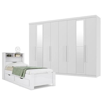 Guarda Roupa Casal com Cama Solteiro Master New 8 Portas 4 Gavetas MDP Branco Brilho Santos Andirá