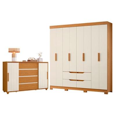 Guarda Roupa Casal e Cômoda Doble 8 Portas Correr 4 Gavetas MDP Cinamomo Off White Albatroz Móveis