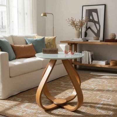 Mesa Lateral Bela Alice Redondo Vidro MDF Base Madeira 45CM Off White Decoraper