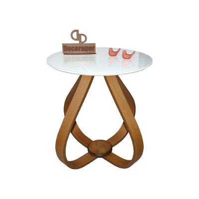 Mesa Lateral Cebola Redonda Vidro MDF Madeira 50CM Branco Decoraper