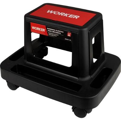 Banqueta de Mecânico Worker Assento Plástico Base com Rodízios sem Encosto Preto 43.5CM Worker