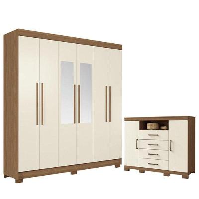 Guarda Roupa Casal Toledo 6 Portas de Bater 2 Gavetas MDP com Espelho e Cômoda Havana Master Santos