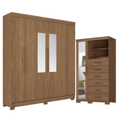 Guarda Roupa Casal Toledo 6 Portas de Bater com Espelho e Cômoda 1 Porta 6 Gavetas MDP Jatobá