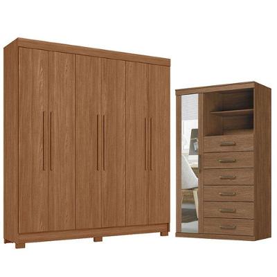 Guarda Roupa Casal Toledo 6 Portas de Bater 6 Gavetas MDP Cômoda 1 Porta Jatobá Acetinado Santos