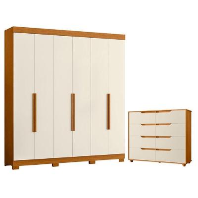 Guarda Roupa Casal e Cômoda Vinci 6 Portas de Bater 8 Gavetas MDP Cinamomo e Off White Albatroz