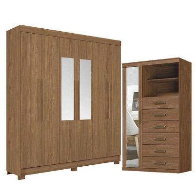 Guarda Roupa Casal com Cômoda Toledo 6 Portas de Bater 6 Gavetas MDP Jatobá Santos Andirá 180CM