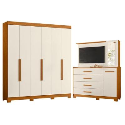 Guarda Roupa Casal e Cômoda Vinci 6 Portas de Bater 7 Gavetas MDP Cinamomo Off White Albatroz Móveis