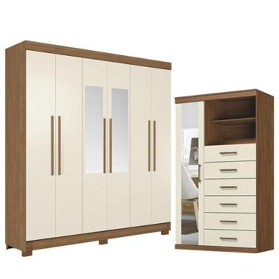 Guarda Roupa Casal com Cômoda Toledo 6 Portas de Bater 6 Gavetas MDP Jatobá Areia Santos Andirá