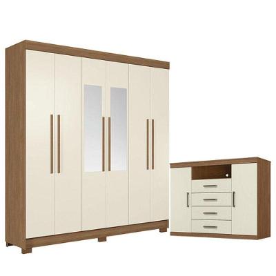 Guarda Roupa Casal com Cômoda Toledo 6 Portas de Bater 2 Gavetas MDP Jatobá Areia Acetinado Santos