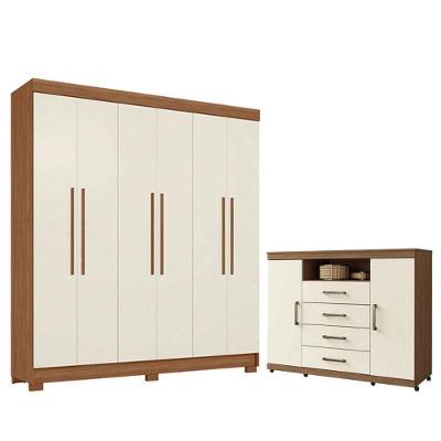 Guarda Roupa Casal Toledo 6 Portas de Bater 2 Gavetas MDP Cômoda Havana Master Jatobá Areia Santos