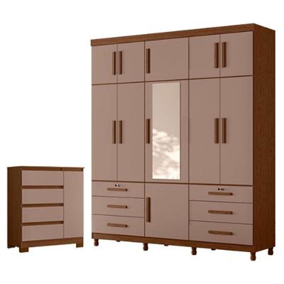 Guarda Roupa Casal com Cômoda Triton Plus 11 Portas de Bater 6 Gavetas MDP Nogueira Capuccino