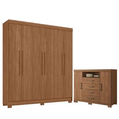 Guarda Roupa Casal Toledo 6 Portas de Bater 2 Gavetas MDP Cômoda Havana Master Jatobá Acetinado