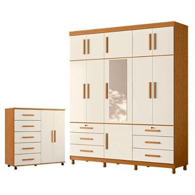 Guarda Roupa Casal com Cômoda Triton Plus 11 Portas 5 Gavetas MDP Cinamomo Off White Albatroz Móveis